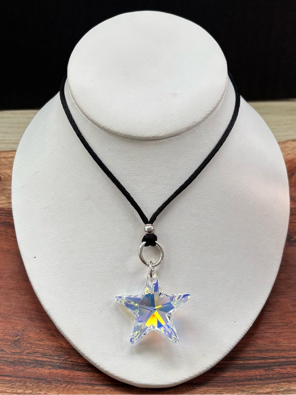 Sterling Silver Crystal Star Pendant Necklace in Clear Iridescent on Black Cord